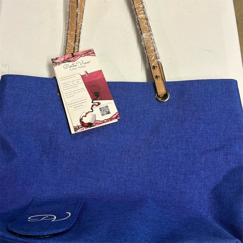 PortoVino City Tote Hidden Wine Purse Blue Tan Handles + Refill Bags Set